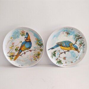 Vintage Set Of Handpainted Signed Pottery Bluejay Bluebird Bird Plates Italy